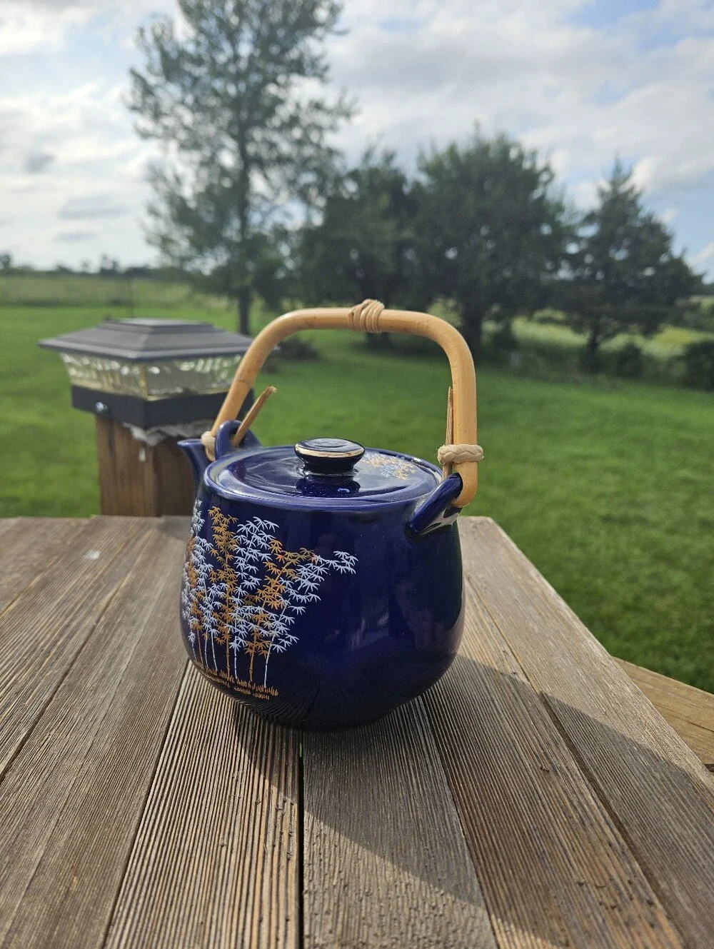 Vintage Japanese Cobalt Blue Porcelain Teapot Gold Bamboo Design Wrapped Handle